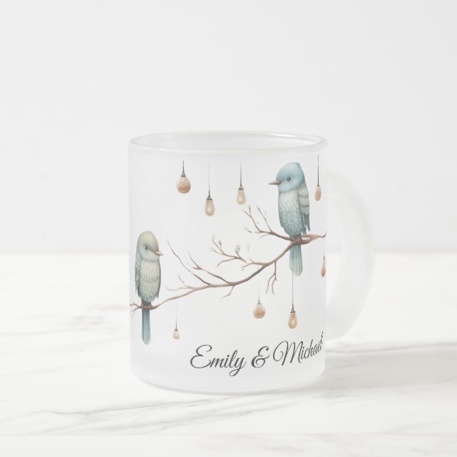 Rustic Woodland Love Birds  Romantic Wedding  Frosted Glass Coffee Mug (Front Right)