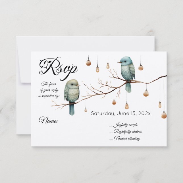 Rustic Woodland Love Birds  Romantic Wedding  RSVP Card (Front)