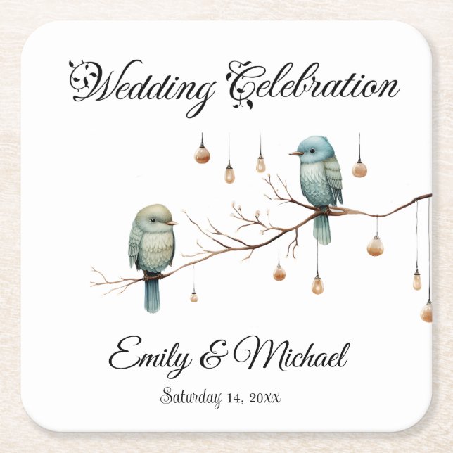 Rustic Woodland Love Birds  Romantic Wedding  Square Paper Coaster (Front)