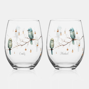 Rustic Woodland Love Birds Romantic Wedding Stemless Wine Glass
