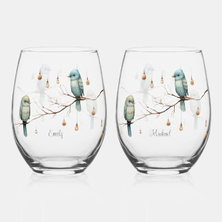 Rustic Woodland Love Birds Romantic Wedding Stemless Wine Glass