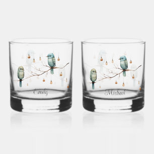 Rustic Woodland Love Birds Romantic Wedding Whiskey Glass