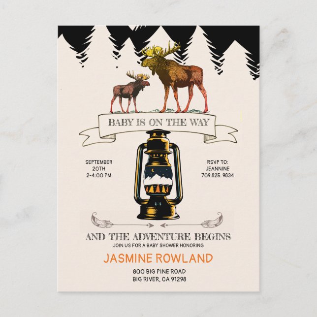 Rustic Woodland Moose Baby Shower Invitation Postcard (Front)