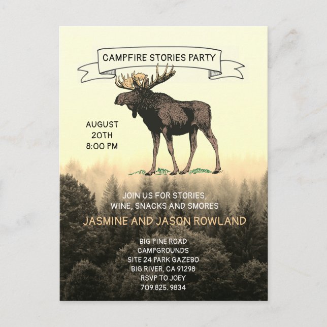Rustic Woodland Moose Campfire Party Invitations (Front)
