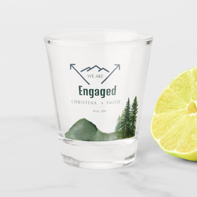 Rustic Woodland Mountain Forest Pine Wedding Shot Glass (Front)