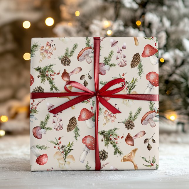 Rustic Woodland Mushrooms Christmas Wrapping Paper (Creator Uploaded)