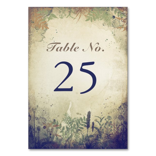 Rustic WOODLAND Navy Wedding table number cards (Front)