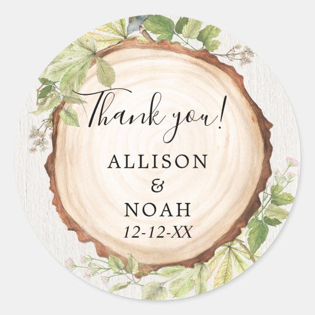Rustic woodland outdoor forest wood slice favour classic round sticker (Front)