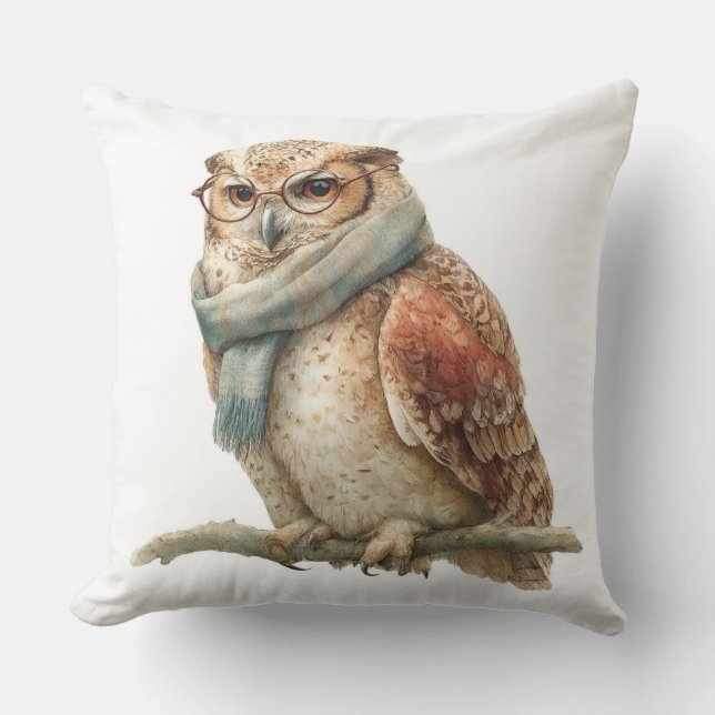 Rustic Woodland Owl Christmas Throw Pillow (Front)