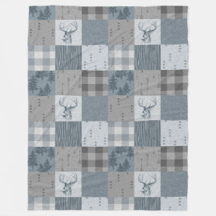 Rustic Woodland Patchwork Fleece Blanket - Blue