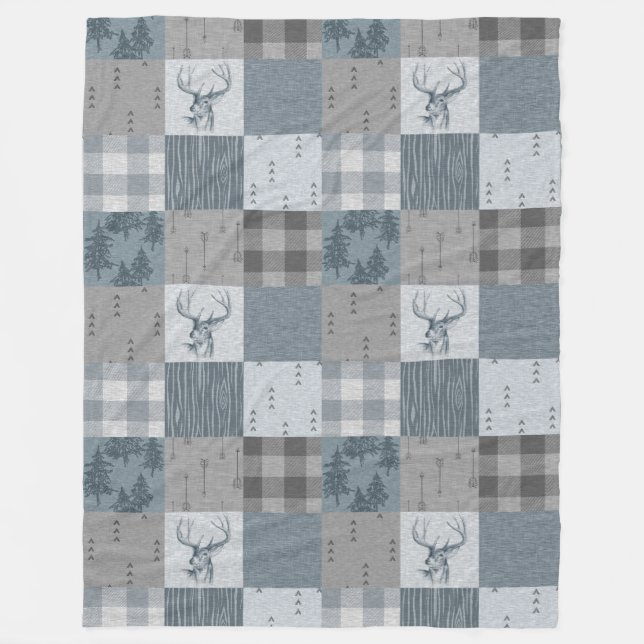 Rustic Woodland Patchwork Fleece Blanket - Blue (Front)