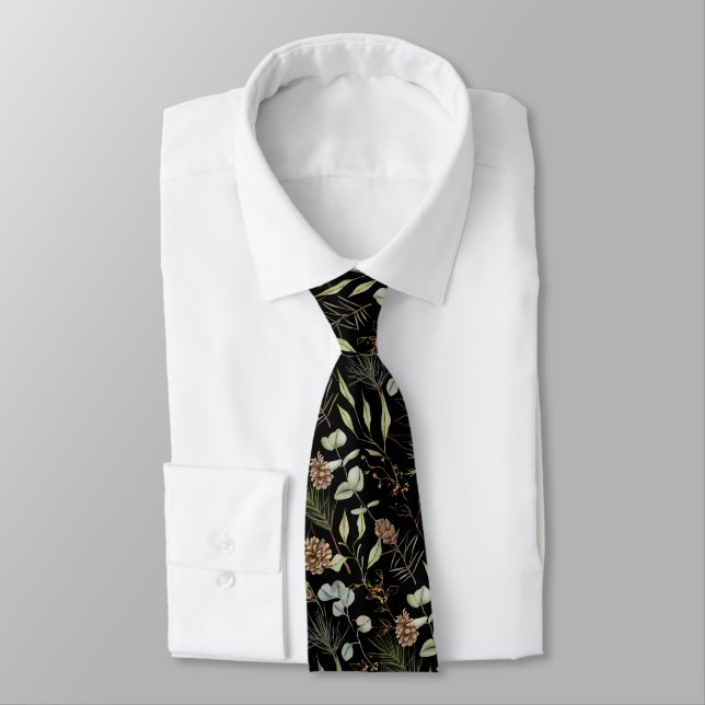 Rustic Woodland Pattern on Black Wedding Tie (Tied)