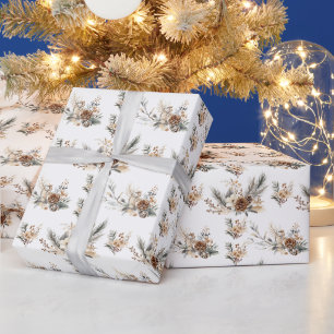 Rustic Woodland Pine Cone Branches Christmas Wrapping Paper