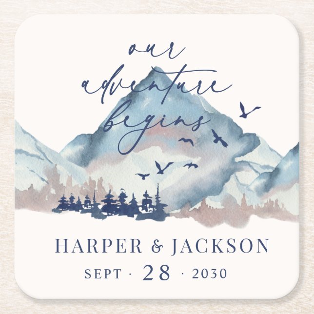 Rustic Woodland Pine Forest Our Adventure Begins Square Paper Coaster (Front)