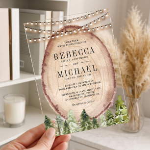 Rustic Woodland Pine Forest Wood Slice Wedding Acrylic Invitations