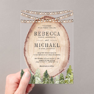 Rustic Woodland Pine Forest Wood Slice Wedding Acrylic Invitations