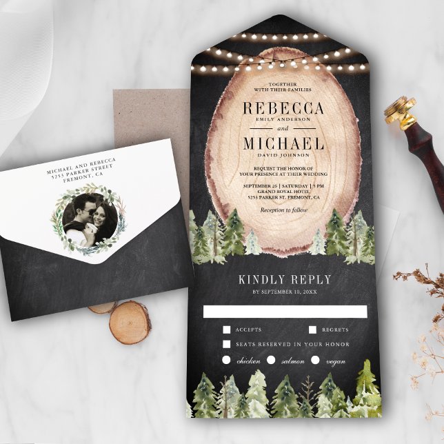 Rustic Woodland Pine Forest Wood Slice Wedding All In One Invitation (Creator Uploaded)