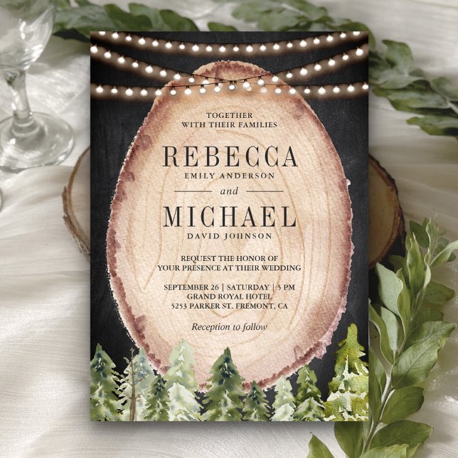 Rustic Woodland Pine Forest Wood Slice Wedding Invitation (Creator Uploaded)