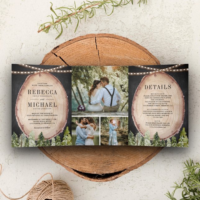 Rustic Woodland Pine Forest Wood Slice Wedding Tri-Fold Invitation (Creator Uploaded)