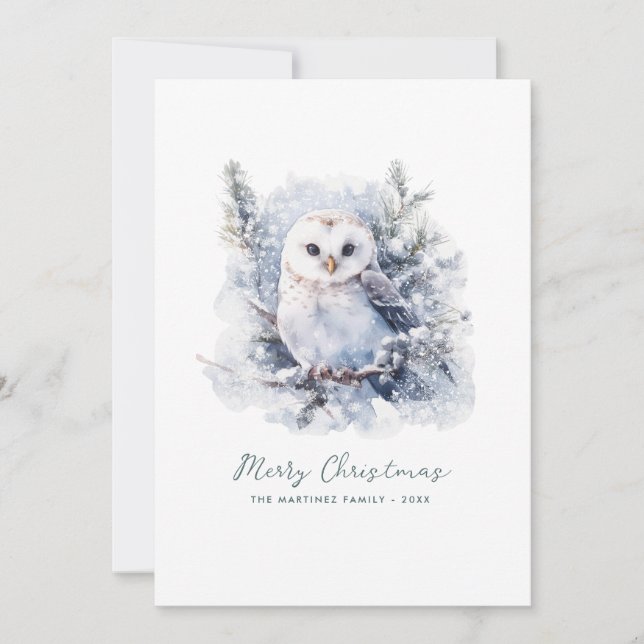 Rustic Woodland Pine Owl Merry Christmas Holiday Card (Front)