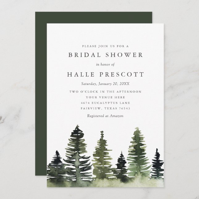 Rustic Woodland Pine Trees Bridal Shower Invitation (Front/Back)