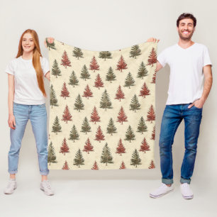 Rustic Woodland Pine Trees Olive Terracotta Cream Fleece Blanket