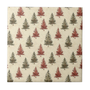 Rustic Woodland Pine Trees Olive Terracotta Cream Tile