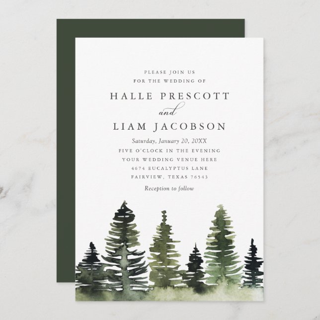 Rustic Woodland Pine Trees Wedding Invitation (Front/Back)