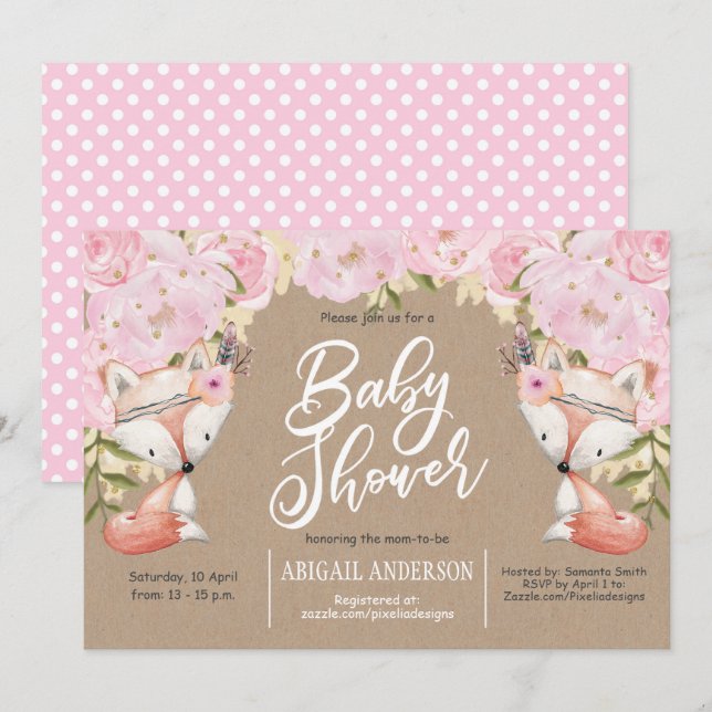 Rustic, Woodland , Pink Floral, baby Girl Shower Invitation (Front/Back)