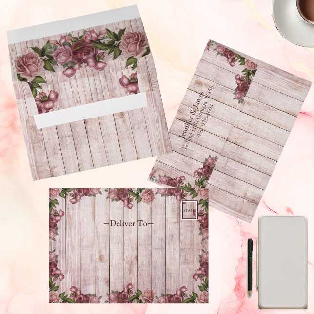 Rustic Woodland Roses Burgundy Country Wedding  Envelope (Rustic Woodland Roses Burgundy Country Wedding Envelope)