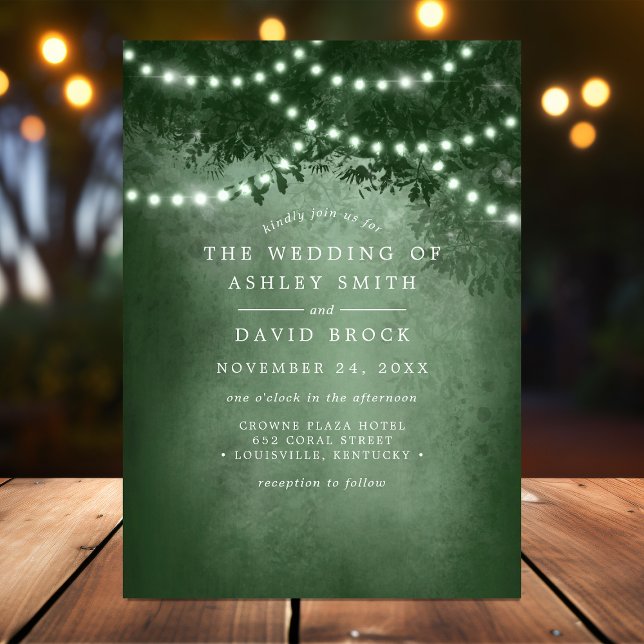Rustic Woodland Tree String Lights Green Wedding Invitation (Creator Uploaded)
