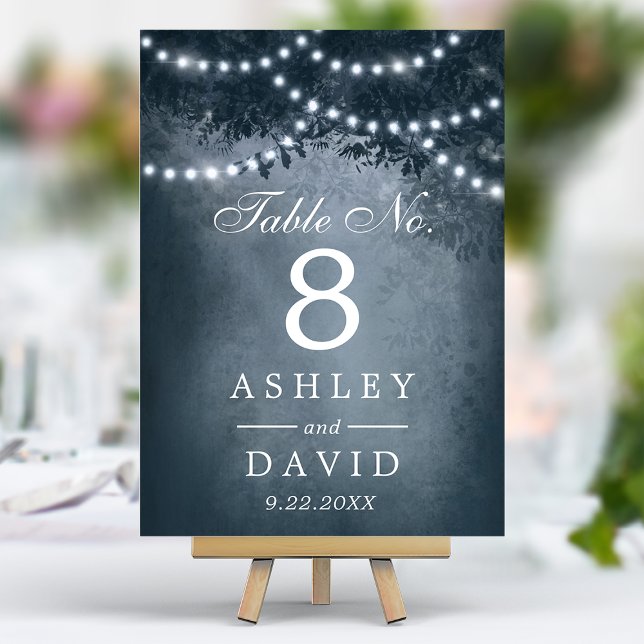 Rustic Woodland Tree String Lights Navy Blue Table Number (Creator Uploaded)
