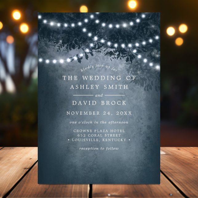 Rustic Woodland Tree String Lights Navy Wedding Invitation (Creator Uploaded)