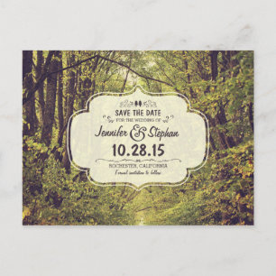Rustic woodland trees path save the date postcards