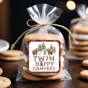 Rustic Woodland Twins One Happy Camper Favour Square Sticker