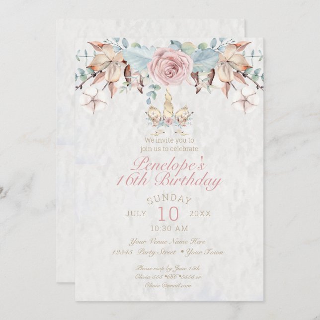 Rustic Woodland Unicorn  Blush Pink Rose Invitation (Front/Back)