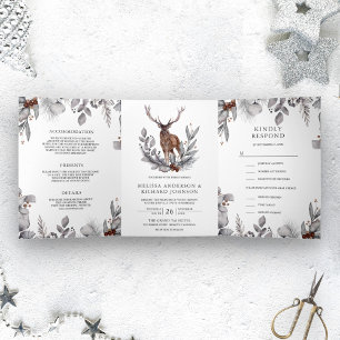 Rustic Woodland Watercolor Forest Deer Wedding Tri-Fold Invitation