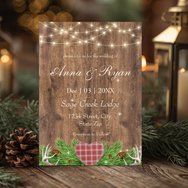 Rustic Woodland Wedding Invitation | Plaid Heart (Rustic woodland wedding invitation with pine greenery, plaid heart, and cozy lodge charm.)
