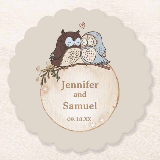 Rustic Woodland Wedding Owl   Paper Coaster (Front)