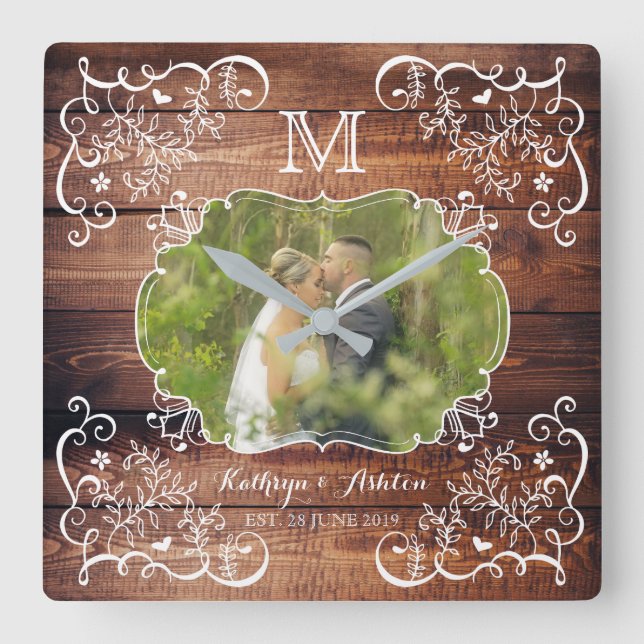 Rustic Woodland Wedding Photo Wood Panel Monogram Square Wall Clock (Front)