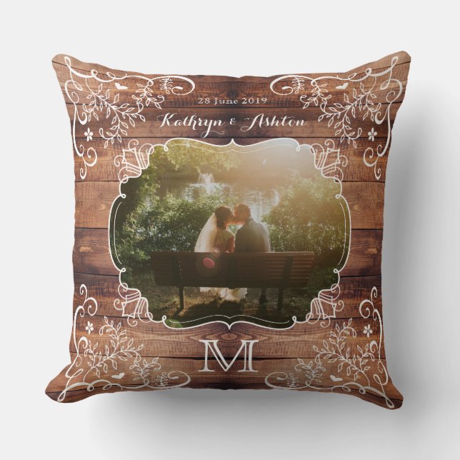 Rustic Woodland Wedding Photo Wood Panel Vintage Cushion (Front)