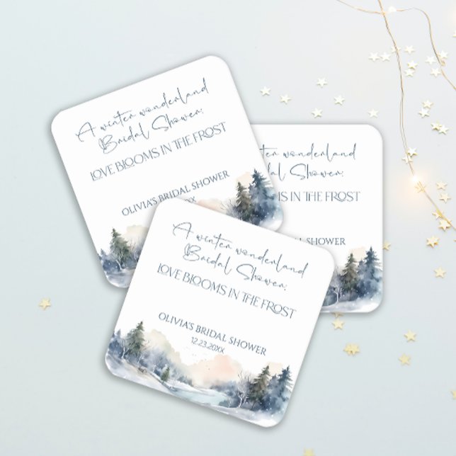 Rustic Woodland Winter Forest Bridal Shower Square Paper Coaster (Creator Uploaded)