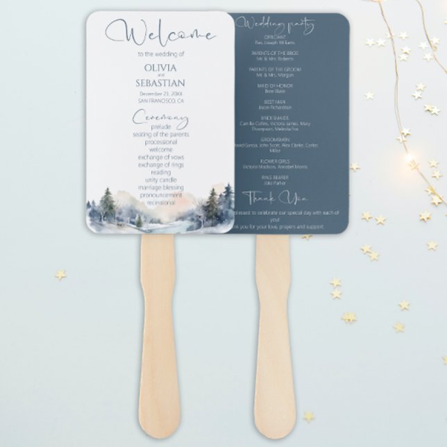 Rustic Woodland Winter Forest Wedding Program Hand Fan (Creator Uploaded)