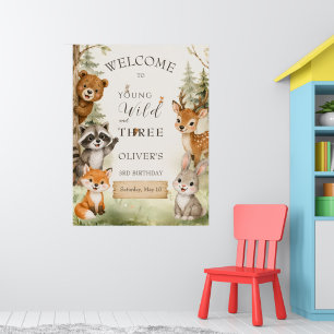 Rustic Woodland Young Wild and Three 3rd Birthday Poster