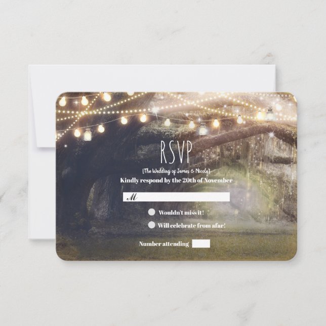 Rustic Woods Enchanted Forest Lights Wedding RSVP Card (Front)
