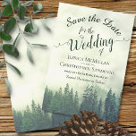 Rustic Woods Green Mountain Pine Trees Wedding Save The Date<br><div class="desc">These beautiful save the date are a great way to let your friends and family know about your upcoming wedding. The design features a rustic mountain scene with a forest of green pine trees shrouded in mist or fog. The lacy script calligraphy text lends an air of elegance. Perfect for...</div>