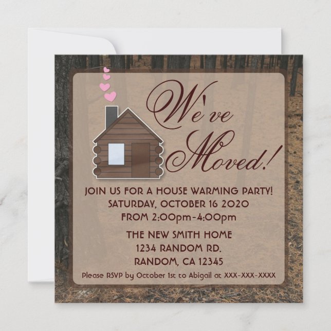 Rustic woods log cabin new home invitations (Front)