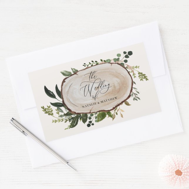 Rustic WoodSlice Greenery Botanical Wedding Rustic Rectangular Sticker (Envelope)