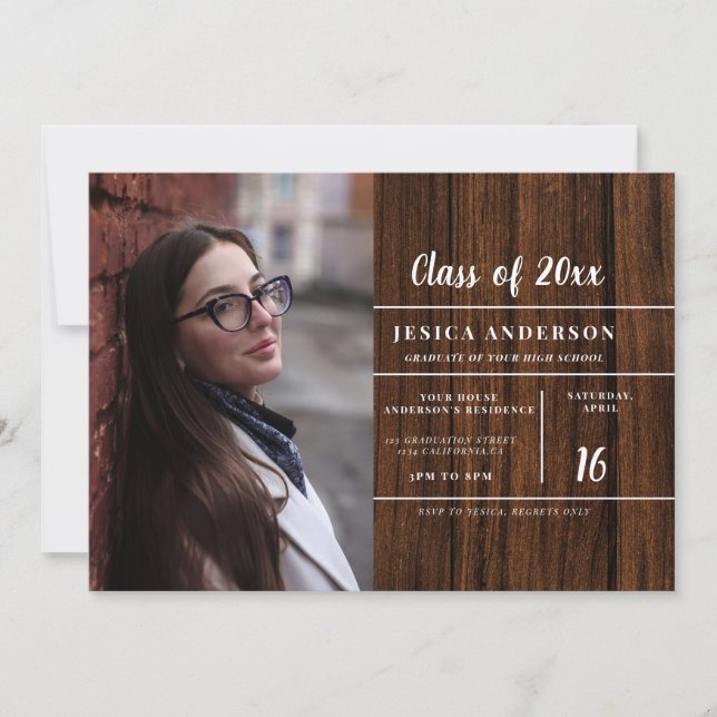 Rustic Woodsy 2 Photo Wood Graduation Party Invitation (Front)