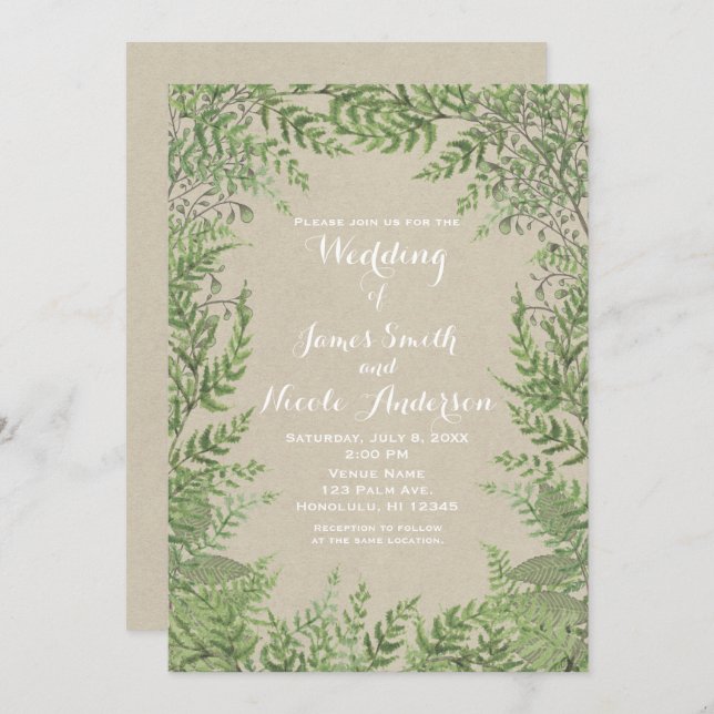 Rustic Woodsy Botanical Leaves Kraft Wedding Invitation (Front/Back)